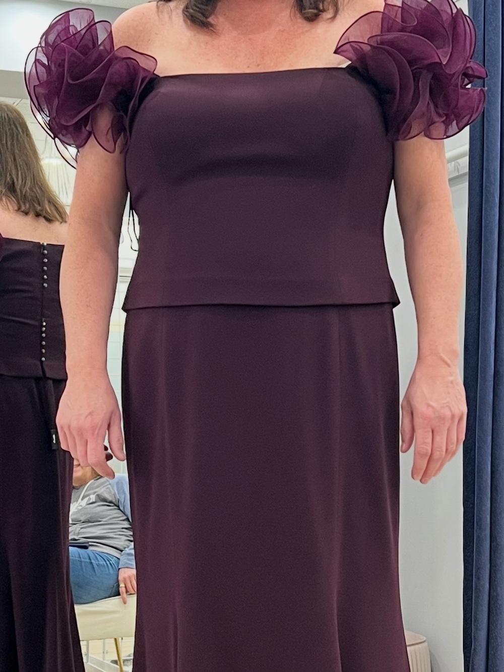 Off-Shoulder Plum Evening Dress with Floral Organza Sleeves